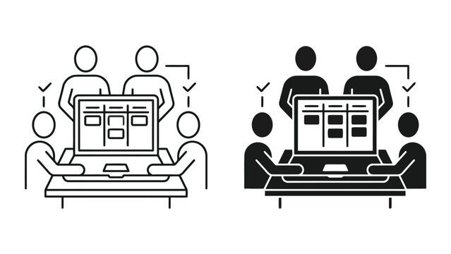 Business team collaborative project planning and task management icon set