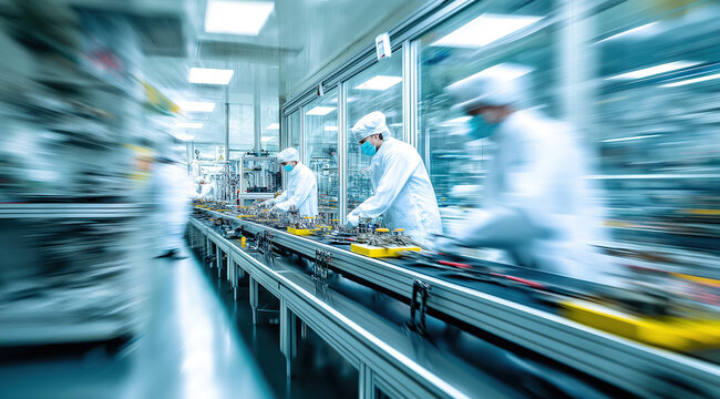 motion blurred Technicians wearing white protective suits work along a fast moving conveyor belt inside a high tech cleanroom factory.
