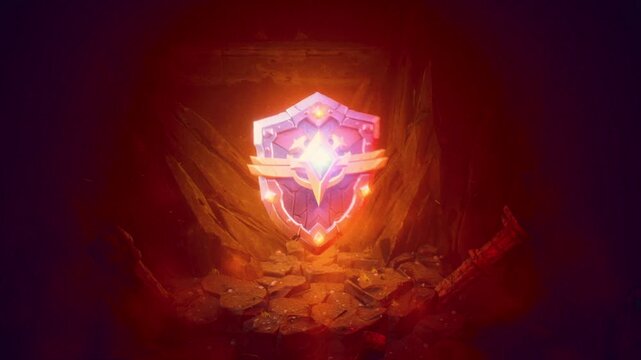 Fiery Red Fantasy Shield Levitating In Burning Cavern 3D Render Loop