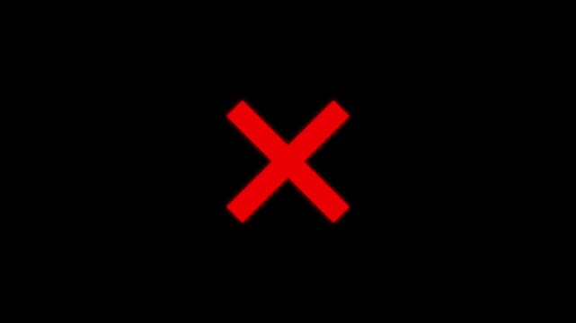 Red x mark symbol animation on black background, for error and, rejection alerts cross, mark error rejection symbol