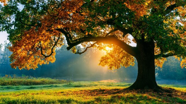 Majestic Autumn Tree with Golden Leaves Illuminated by Soft Sunlight in a Serene Natural Landscape at Dawn