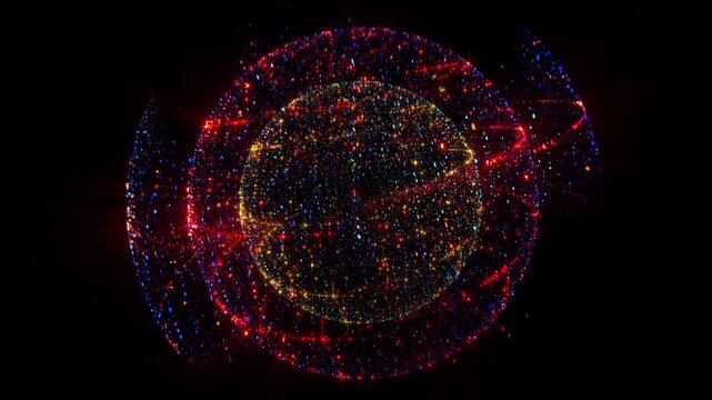 A glowing spherical network of golden particles shines in virtual space, embodying digital interconnectedness, cosmic energy, artificial intelligence, quantum technologies, data streams, and futuristi
