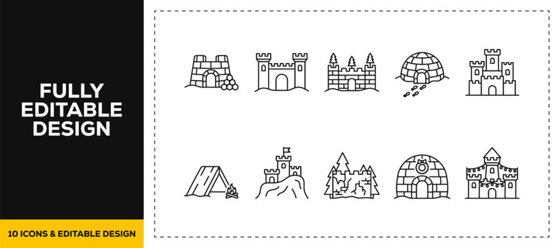 flat vector illustration line art icon bundle set design representing winter igloos snowy houses cold season homes arctic buildings and frozen landscape graphic UI app