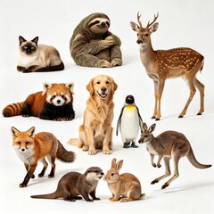 Obraz premium Diverse Animal Collection Sloth Deer Red Panda Dog Penguin Fox Kangaroo Otter Rabbit on White Background 