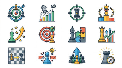 Chess Strategy Icons Representing Business Goals and Success. © We