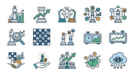 Chess Strategy Icons Representing Business Growth and Analytics. © We