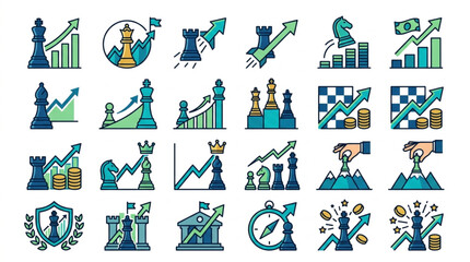 Chess Strategy Icons Representing Business Growth and Success. © We