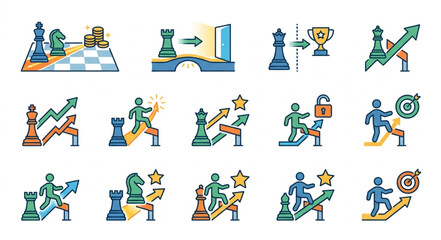 Chess Strategy Icons Representing Business Growth and Success. © We