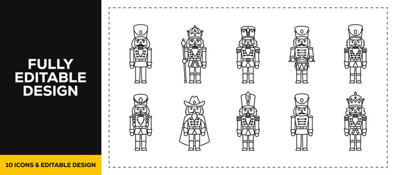 flat vector illustration line art icon bundle set design covering nutcracker soldiers christmas traditional toys festive holiday decorations and wooden figures graphic