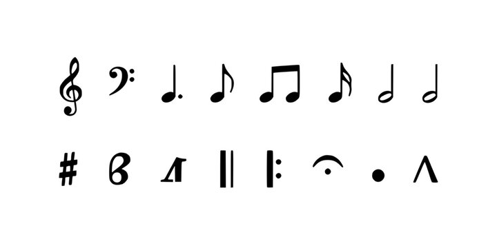 Musical Notes and Symbols Arranged in Two Rows Featuring Music, Clef, Treble with Bass and Sharp Elements for Flat, Natural