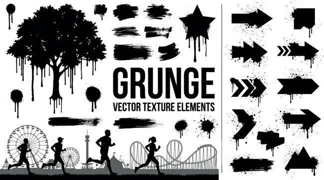Grunge graffiti graphic design element kit with dripping black spray tree silhouettes arrows runners and amusement park skyline