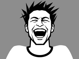Stylized Vector Illustration of a Man Laughing Hysterically, Black and White Pop Art Style
