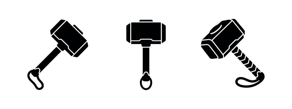 Thor's hammer Mjolnir icon set, superhero weapon and power symbol.