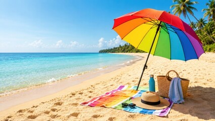Obraz premium Rainbow Umbrella on Tropical Beach