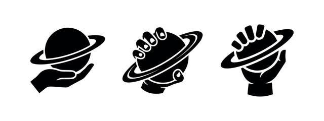 Hands holding ringed planet silhouettes, Saturn and cosmic icons, space exploration vector © Lili