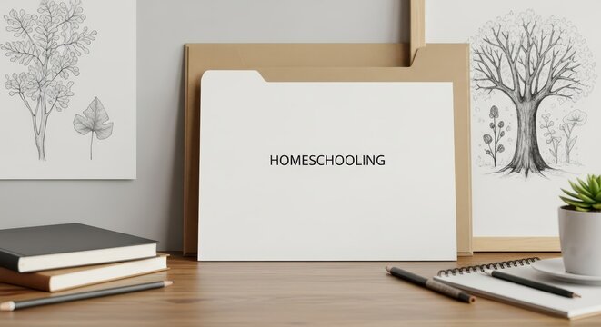 A white homeschooling portfolio folder on a wooden desk with books and writing utensils