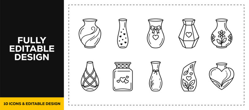 flat vector illustration line art icon bundle set design displaying ceramic vases antique potteries clay jugs interior decorations and decorative home urns graphics UI