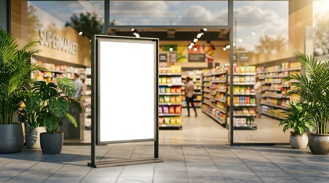 Supermarket entrance with mockup poster retail display for promotions and advertising opportunities