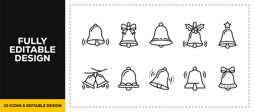 flat vector illustration line art icon bundle set design highlighting christmas bells festive ringers holiday decorations winter celebrations and jingle graphics UI app