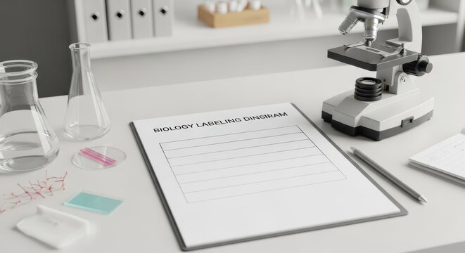 Blank biology labeling diagram on a laboratory desk next to a microscope, ready for scientific study and education