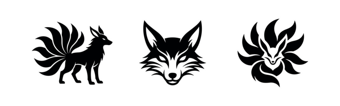 Mystical Japanese Kitsune Nine-Tailed Fox Silhouettes Set