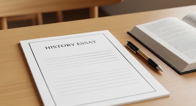 Blank History Essay Worksheet with Pen and Book on Wooden Desk