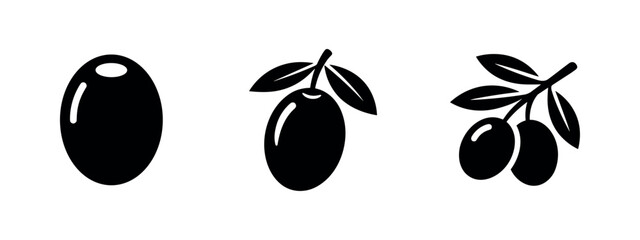 Olive fruit icon set. Fresh organic black olives with leaves and branch in simple silhouette vector illustration. © Lili