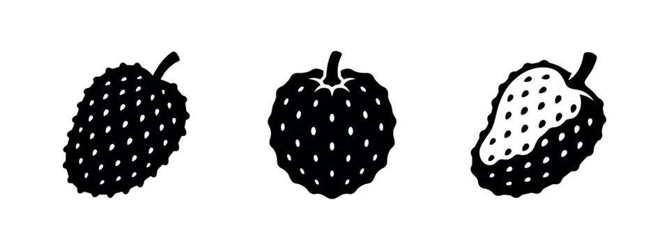 Soursop fruit icon set. Fresh tropical soursops with texture in simple black silhouette vector illustration.