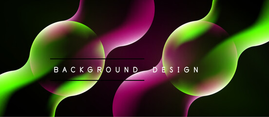 Naklejka premium Abstract fluid shapes, vibrant magenta, green hues. Dark background creates dynamic visual contrast. Modern design element.
