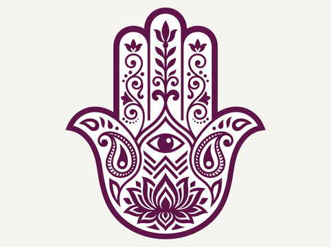 Ornate Hamsa Hand Vector with Evil Eye and Lotus Flower Illustration