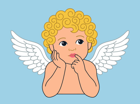 Thinking Cherub Angel Illustration - Cute Baby Cupid with Wings