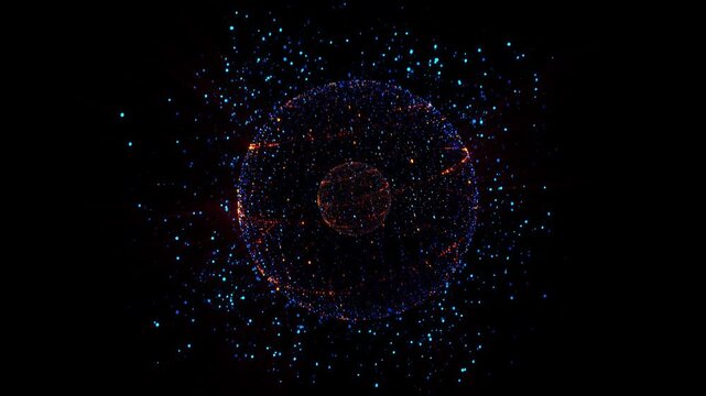 A glowing spherical network of golden particles shines in virtual space, embodying digital interconnectedness, cosmic energy, artificial intelligence, quantum technologies, data streams, and futuristi