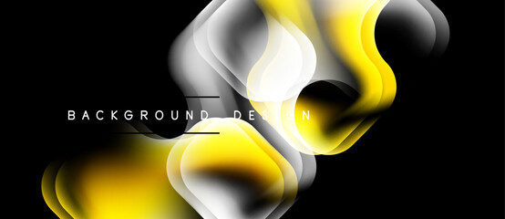 Naklejka premium Abstract flowing shapes, yellow, white, gray. Dynamic composition over black background. Modern design element.