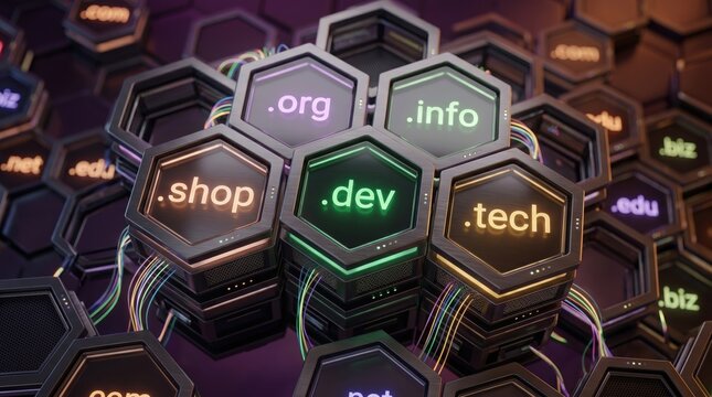 3D illustration of various internet domain name extensions like shop dev and tech on glowing hexagonal nodes connected by cables, web hosting concept