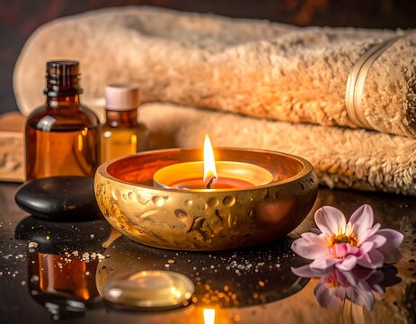 Spa relaxation with candle and towels.