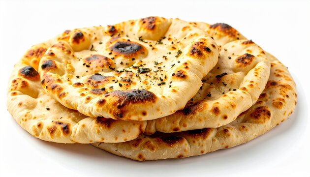 Fresh naan bread straight from the oven with soft steam effects, golden texture, authentic Indian cuisine style, isolated on white background, spacious copy space, high detail food photography
