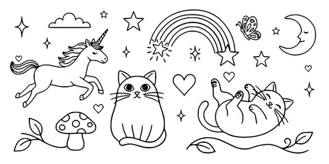 Fototapeta premium Cats and Unicorn in Whimsical Doodle Illustration with Stars, Rainbow, and Moon Featuring Cat, Cute, Magical with Fantasy