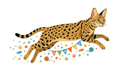A playful spotted cat jumping with festive bunting and colorful confetti elements. © Hadi
