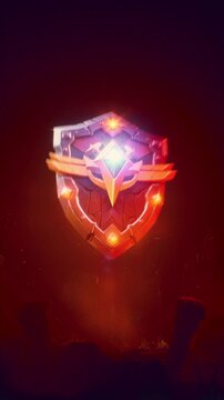 Stylized Knight Shield With Glowing Orange Eyes Energy In Dark Ritual Ruins