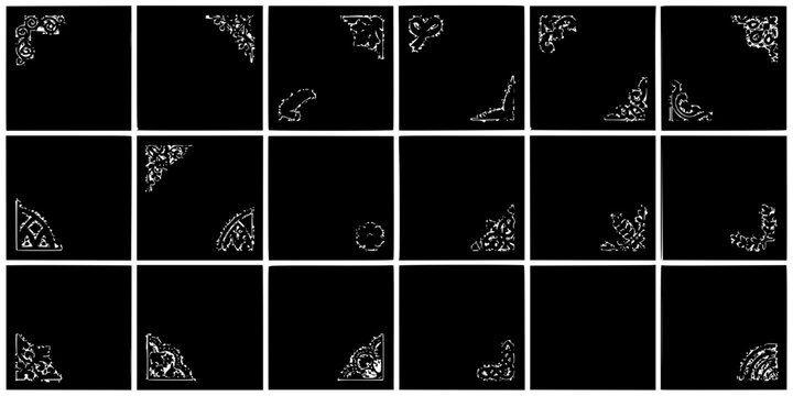 Decorative Corners with Intricate Patterns on Black Backgrounds in a 4x4 Grid Featuring Corner, Pattern, White with Design