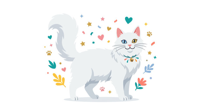 Cute white fluffy cat with heterochromia eyes surrounded by colorful decorative elements.