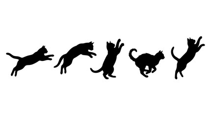 Fototapeta premium Set of black silhouettes of cats jumping and playing in different poses.