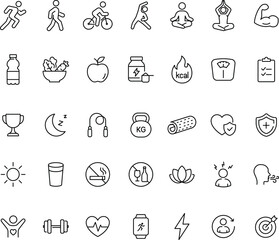 Fototapeta premium Sport and fitness set of web icons in line style. Gym and health care icons. Nutrition and dieting, training, body care, healthy food, workouts, muscles, weight and more