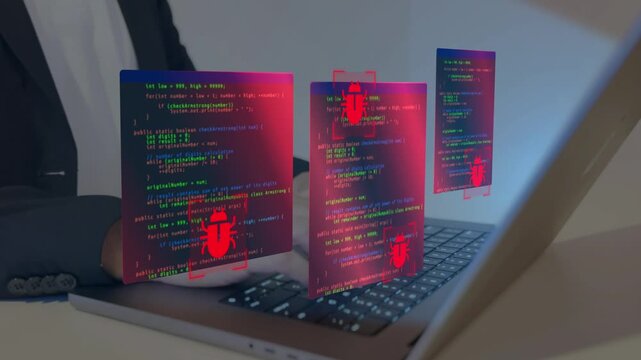 Hacking and cyber crime concept. Hackers exploit vulnerabilities in source code to launch cyberattacks.

