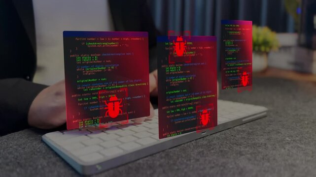 Hacking and cyber crime concept. Hackers exploit vulnerabilities in source code to launch cyberattacks.
