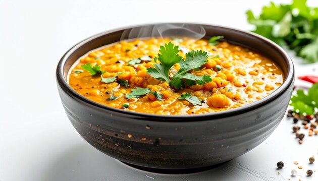 Steaming bowl of Indian dal curry with rich yellow lentil texture, fresh herbs and spices, authentic homemade cuisine, white background, copy space, ultra realistic food photography
