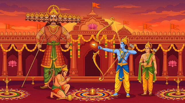 Epic Ramayana battle illustration of Lord Rama aiming arrow at Ravana with Hanuman and Lakshmana for Dussehra festival celebration.
