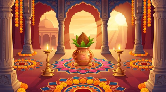 Vibrant illustration of a traditional Indian festival with a sacred Kalash, glowing brass diyas, and colorful marigold rangoli designs.
