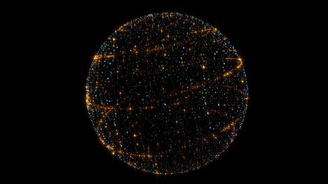 A glowing spherical network of golden particles shines in virtual space, embodying digital interconnectedness, cosmic energy, artificial intelligence, quantum technologies, data streams, and futuristi