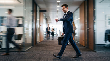 Fototapeta premium Professional businessman in navy suit checking his watch while walking through office hall.